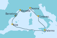 Visitando Barcelona,Ibiza (España),Navegación,Palermo (Italia),Civitavecchia (Roma),Savona (Italia),Marsella (Francia),Barcelona