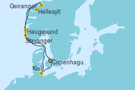 Visitando Copenhague (Dinamarca), Hellesylt (Noruega), Geiranger (Noruega), Haugesund (Noruega), Stavanger (Noruega), Kiel (Alemania), Copenhague (Dinamarca)