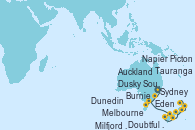 Visitando Sydney (Australia), Eden (Nueva Gales), Burnie (Tasmania/Australia), Melbourne (Australia), Milfjord Sound (Nueva Zelanda), Doubtful Sound (Nueva Zelanda), Dusky Sound (Nueva Zelanda), Dunedin (Nueva Zelanda), Picton (Australia), Napier (Nueva Zelanda), Tauranga (Nueva Zelanda), Auckland (Nueva Zelanda), Auckland (Nueva Zelanda)