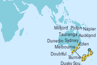 Visitando Auckland (Nueva Zelanda), Tauranga (Nueva Zelanda), Napier (Nueva Zelanda), Picton (Australia), Dunedin (Nueva Zelanda), Milfjord Sound (Nueva Zelanda), Dusky Sound (Nueva Zelanda), Doubtful Sound (Nueva Zelanda), Melbourne (Australia), Melbourne (Australia), Burnie (Tasmania/Australia), Eden (Nueva Gales), Sydney (Australia)