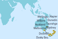 Visitando Sydney (Australia), Melbourne (Australia), Milfjord Sound (Nueva Zelanda), Doubtful Sound (Nueva Zelanda), Dusky Sound (Nueva Zelanda), Dunedin (Nueva Zelanda), Wellington (Nueva Zelanda), Napier (Nueva Zelanda), Tauranga (Nueva Zelanda), Auckland (Nueva Zelanda)