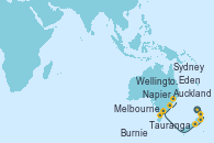 Visitando Auckland (Nueva Zelanda), Tauranga (Nueva Zelanda), Napier (Nueva Zelanda), Wellington (Nueva Zelanda), Melbourne (Australia), Burnie (Tasmania/Australia), Eden (Nueva Gales), Sydney (Australia)