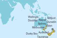 Visitando Auckland (Nueva Zelanda), Tauranga (Nueva Zelanda), Napier (Nueva Zelanda), Wellington (Nueva Zelanda), Dunedin (Nueva Zelanda), Milfjord Sound (Nueva Zelanda), Doubtful Sound (Nueva Zelanda), Dusky Sound (Nueva Zelanda), Melbourne (Australia), Melbourne (Australia), Eden (Nueva Gales), Sydney (Australia)