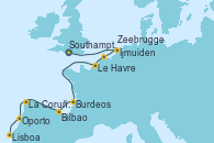 Visitando Southampton (Inglaterra), Ijmuiden (Ámsterdam), Zeebrugge (Bruselas), Le Havre (Francia), Burdeos (Francia), Bilbao (España), La Coruña (Galicia/España), Oporto (Portugal), Lisboa (Portugal)