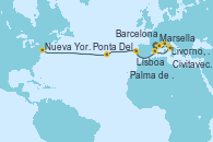 Visitando Barcelona, Marsella (Francia), Livorno, Pisa y Florencia (Italia), Civitavecchia (Roma), Palma de Mallorca (España), Lisboa (Portugal), Ponta Delgada (Azores), Nueva York (Estados Unidos)