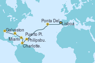 Visitando Lisboa (Portugal), Ponta Delgada (Azores), Philipsburg (St. Maarten), Charlotte Amalie (St. Thomas), Puerto Plata, Republica Dominicana, Miami (Florida/EEUU), Galveston (Texas)