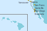 Visitando San Diego (California/EEUU), Ensenada (México), Santa Bárbara (California), San Francisco (California/EEUU), San Francisco (California/EEUU), Astoria  (Oregón), Vancouver (Canadá)