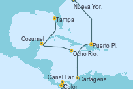 Visitando Nueva York (Estados Unidos), Puerto Plata, Republica Dominicana, Cartagena de Indias (Colombia), Canal Panamá, Colón (Panamá), Ocho Ríos (Jamaica), Cozumel (México), Tampa (Florida)