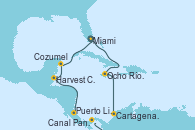 Visitando Miami (Florida/EEUU), Ocho Ríos (Jamaica), Cartagena de Indias (Colombia), Canal Panamá, Puerto Limón (Costa Rica), Harvest Caye (Belize), Cozumel (México), Miami (Florida/EEUU)