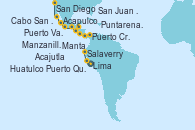 Visitando Lima (Callao/Perú), Salaverry (Perú), Manta (Ecuador), Puerto Cristóbal (Panamá), Puntarenas (Costa Rica), San Juan del Sur (Nicaragua), Acajutla (El Salvador), Puerto Quetzal (Guatemala), Huatulco (México), Acapulco (México), Manzanillo (México), Puerto Vallarta (México), Cabo San Lucas (México), San Diego (California/EEUU)