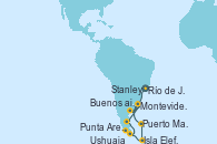 Visitando Río de Janeiro (Brasil), Buenos aires, Montevideo (Uruguay), Puerto Madryn (Argentina), Punta Arenas (Chile), Ushuaia (Argentina), Isla Elefante (Antártida), Stanley (Malvinas), Buenos aires