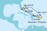 Visitando Miami (Florida/EEUU), Puerto Plata, Republica Dominicana, Charlotte Amalie (St. Thomas), St. John´s (Antigua y Barbuda), Philipsburg (St. Maarten), Basseterre (Antillas), San Juan (Puerto Rico), Great Stirrup Cay (Bahamas), Miami (Florida/EEUU)