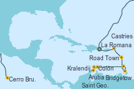 Visitando La Romana (República Dominicana), Cerro Brujo (Isla San Cristóbal/Galápagos), Aruba (Antillas), Colón, Kralendijk (Antillas), Saint George (Grenada), Bridgetown (Barbados), Castries (Santa Lucía/Caribe), Road Town (Isla Tórtola/Islas Vírgenes), La Romana (República Dominicana)