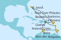 Visitando La Romana (República Dominicana), Aruba (Antillas), Colón, Kralendijk (Antillas), Saint George (Grenada), Scarborough (Trinidad & Tobago), Bridgetown (Barbados), Castries (Santa Lucía/Caribe), St. John´s (Antigua y Barbuda), Basseterre (Antillas), Philipsburg (St. Maarten), Road Town (Isla Tórtola/Islas Vírgenes), La Romana (República Dominicana)