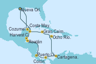 Visitando Nueva Orleans (Luisiana), Costa Maya (México), Harvest Caye (Belize), Roatán (Honduras), Puerto Limón (Costa Rica), Colón (Panamá), Cartagena de Indias (Colombia), Ocho Ríos (Jamaica), Gran Caimán (Islas Caimán), Cozumel (México), Nueva Orleans (Luisiana)