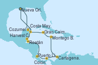 Visitando Nueva Orleans (Luisiana), Costa Maya (México), Harvest Caye (Belize), Roatán (Honduras), Puerto Limón (Costa Rica), Colón (Panamá), Cartagena de Indias (Colombia), Montego Bay (Jamaica), Gran Caimán (Islas Caimán), Cozumel (México), Nueva Orleans (Luisiana)