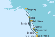 Visitando Vancouver (Canadá), Sitka (Alaska), Skagway (Alaska), Ketchikan (Alaska), Seattle (Washington/EEUU), Astoria  (Oregón), San Francisco (California/EEUU), Santa Bárbara (California), San Diego (California/EEUU)