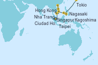 Visitando Singapur, Ciudad Ho Chi Minh (Vietnam), Nha Trang (Vietnam), Hong Kong (China), Hong Kong (China), Taipei (Taiwan), Nagasaki (Japón), Kagoshima (Japón), Tokio (Japón)