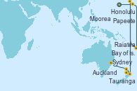 Visitando Honolulu (Hawai), Papeete (Tahití), Papeete (Tahití), Raiatea (Polinesia Francesa), Moorea (Tahití), Tauranga (Nueva Zelanda), Auckland (Nueva Zelanda), Bay of Islands (Nueva Zelanda), Sydney (Australia)