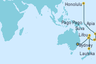 Visitando Sydney (Australia), Lifou (Isla Loyalty/Nueva Caledonia), Lautoka (Fiyi), Suva (Fiyi), Apia (Samoa), Pago Pago (Samoa), Honolulu (Hawai), Honolulu (Hawai)