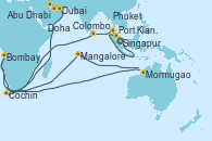 Visitando Singapur, Port Klang (Malasia), Phuket (Tailandia), Colombo (Sri Lanka), Cochin (India), Mangalore (India), Mormugao (India), Bombay (India), Abu Dhabi (Emiratos Árabes Unidos), Dubai, Doha (Catar)