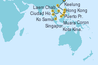 Visitando Keelung (Taiwán), Hong Kong (China), Coron (Filipinas), Puerto Princesa Palawan (Filipinas), Kota Kinabalu (Borneo/Malasia), Muara (Brunei), Ciudad Ho Chi Minh (Vietnam), Laem Chabang (Bangkok/Thailandia), Ko Samui (Tailandia), Singapur