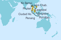 Visitando Laem Chabang (Bangkok/Thailandia), Ko Samui (Tailandia), Ciudad Ho Chi Minh (Vietnam), Ciudad Ho Chi Minh (Vietnam), Port Klang (Malasia), Penang (Malasia), Langkawi (Malasia), Phuket (Tailandia), Singapur