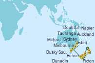 Visitando Auckland (Nueva Zelanda), Tauranga (Nueva Zelanda), Napier (Nueva Zelanda), Picton (Australia), Dunedin (Nueva Zelanda), Milfjord Sound (Nueva Zelanda), Doubtful Sound (Nueva Zelanda), Dusky Sound (Nueva Zelanda), Melbourne (Australia), Melbourne (Australia), Burnie (Tasmania/Australia), Eden (Nueva Gales), Sydney (Australia)