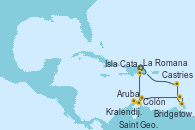 Visitando La Romana (República Dominicana), Isla Catalina (República Dominicana), Colón, Aruba (Antillas), Kralendijk (Antillas), Saint George (Grenada), Bridgetown (Barbados), Castries (Santa Lucía/Caribe), La Romana (República Dominicana)