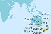 Visitando Auckland (Nueva Zelanda), Tauranga (Nueva Zelanda), Napier (Nueva Zelanda), Wellington (Nueva Zelanda), Dunedin (Nueva Zelanda), Milfjord Sound (Nueva Zelanda), Dusky Sound (Nueva Zelanda), Doubtful Sound (Nueva Zelanda), Melbourne (Australia), Melbourne (Australia), Eden (Nueva Gales), Sydney (Australia)