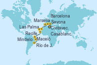 Visitando Civitavecchia (Roma), Savona (Italia), Marsella (Francia), Barcelona, Casablanca (Marruecos), Las Palmas de Gran Canaria (España), Mindelo (Cabo Verde), Recife (Brasil), Maceió (Brasil), Río de Janeiro (Brasil)
