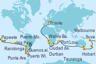 Visitando Buenos aires, Puerto Madryn (Argentina), Puerto Williams (Chile), Ushuaia (Argentina), Ushuaia (Argentina), Punta Arenas (Chile), Puerto Chacabuco (Chile), Puerto Montt (Chile), San Antonio (Chile), San Antonio (Chile), Isla Pascua (Chile), Isla Pascua (Chile), Islas Pitcairn (Pacífico), Papeete (Tahití), Papeete (Tahití), Moorea (Tahití), Rarotonga (Islas Cook), Nukualofa (Tongatapu), Suva (Fiyi), Nouméa (Nueva Caledonia), Tauranga (Nueva Zelanda), Auckland (Nueva Zelanda), Hobart (Australia), Sydney (Australia), Sydney (Australia), Melbourne (Australia), Perth (Australia), Port Louis  (Mauricio), Tamatave (Madagascar), Durban (Sudáfrica), Port Elizabeth (San Vicente y Granadinas), Ciudad del Cabo (Sudáfrica), Ciudad del Cabo (Sudáfrica), Luderitz (Namibia), Walvis Bay (Namibia), Puerto Praia (Cabo Verde), Santa Cruz de Tenerife (España), Arrecife (Lanzarote/España), Cádiz (España), Barcelona, Marsella (Francia), Savona (Italia), Civitavecchia (Roma), Corfú (Grecia), Trieste (Italia)