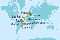 Visitando Savona (Italia), Marsella (Francia), Barcelona, Casablanca (Marruecos), Las Palmas de Gran Canaria (España), Mindelo (Cabo Verde), Recife (Brasil), Maceió (Brasil), Río de Janeiro (Brasil)