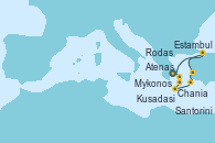 Visitando Atenas (Grecia), Mykonos (Grecia), Santorini (Grecia), Chania (Creta/Grecia), Rodas (Grecia), Kusadasi (Efeso/Turquía), Estambul (Turquía), Estambul (Turquía), Atenas (Grecia)