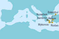 Visitando Atenas (Grecia), Mykonos (Grecia), Santorini (Grecia), Estambul (Turquía), Estambul (Turquía), Kusadasi (Efeso/Turquía), Rodas (Grecia), Atenas (Grecia)