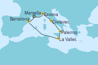 Visitando Marsella (Francia), Savona (Italia), Civitavecchia (Roma), Palermo (Italia), La Valletta (Malta), Barcelona, Marsella (Francia)