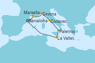 Visitando Barcelona, Marsella (Francia), Savona (Italia), Civitavecchia (Roma), Palermo (Italia), La Valletta (Malta), Barcelona