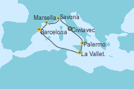 Visitando Civitavecchia (Roma), Palermo (Italia), La Valletta (Malta), Barcelona, Marsella (Francia), Savona (Italia), Civitavecchia (Roma)