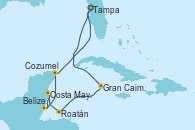 Visitando Tampa (Florida), Gran Caimán (Islas Caimán), Roatán (Honduras), Costa Maya (México), Belize (Caribe), Cozumel (México), Tampa (Florida)