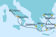 Visitando Civitavecchia (Roma), Santorini (Grecia), Kusadasi (Efeso/Turquía), Kavala (Grecia), Estambul (Turquía), Atenas (Grecia), Heraklion (Creta), Katakolon (Olimpia/Grecia), Nápoles (Italia), Civitavecchia (Roma)