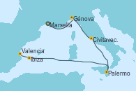 Visitando Marsella (Francia), Génova (Italia), Civitavecchia (Roma), Palermo (Italia), Ibiza (España), Valencia