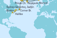Visitando Reykjavik (Islandia), Ísafjörður (Islandia), Akureyri (Islandia), Prince Christian Sound (Groenlandia), Qaqortoq, Greeland, Corner Brook (Newfoundland/Canadá), Sydney (Nueva Escocia/Canadá), Halifax (Canadá), Boston (Massachusetts)