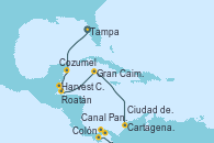 Visitando Tampa (Florida), Cozumel (México), Harvest Caye (Belize), Roatán (Honduras), Gran Caimán (Islas Caimán), Cartagena de Indias (Colombia), Colón (Panamá), Canal Panamá, Ciudad de Panamá (Panamá)