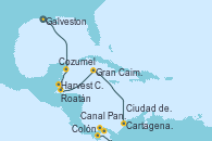 Visitando Galveston (Texas), Cozumel (México), Harvest Caye (Belize), Roatán (Honduras), Gran Caimán (Islas Caimán), Cartagena de Indias (Colombia), Colón (Panamá), Canal Panamá, Ciudad de Panamá (Panamá)