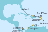 Visitando Ciudad de Panamá (Panamá), Canal Panamá, Cartagena de Indias (Colombia), Aruba (Antillas), Castries (Santa Lucía/Caribe), Basseterre (Antillas), Road Town (Isla Tórtola/Islas Vírgenes), Puerto Plata, Republica Dominicana, Miami (Florida/EEUU)
