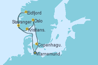 Visitando Warnemunde (Alemania), Stavanger (Noruega), Eidfjord (Hardangerfjord/Noruega), Kristiansand (Noruega), Oslo (Noruega), Copenhague (Dinamarca), Warnemunde (Alemania)