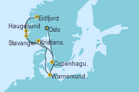 Visitando Oslo (Noruega), Copenhague (Dinamarca), Warnemunde (Alemania), Haugesund (Noruega), Stavanger (Noruega), Eidfjord (Hardangerfjord/Noruega), Kristiansand (Noruega), Copenhague (Dinamarca), Warnemunde (Alemania)