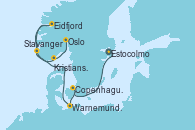 Visitando Estocolmo (Suecia), Copenhague (Dinamarca), Warnemunde (Alemania), Stavanger (Noruega), Eidfjord (Hardangerfjord/Noruega), Kristiansand (Noruega), Oslo (Noruega)