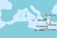 Visitando Atenas (Grecia), Tesalónica (Grecia), Tesalónica (Grecia), Kusadasi (Efeso/Turquía), Rodas (Grecia), Limassol (Chipre), Heraklion (Creta), Atenas (Grecia), Atenas (Grecia)