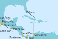 Visitando Miami (Florida/EEUU), Cartagena de Indias (Colombia), Colón (Panamá), Canal Panamá, Puntarenas (Costa Rica), Puerto Quetzal (Guatemala), Manzanillo (México), Puerto Vallarta (México), Cabo San Lucas (México), Los Ángeles (California)